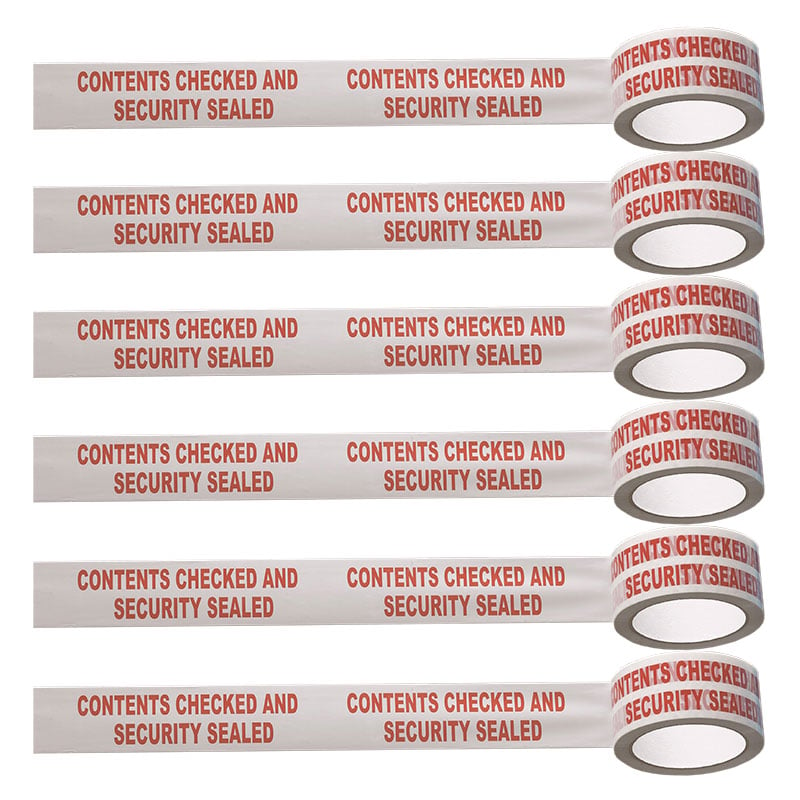 CONTENTS CHECKED AND SECURITY SEALED Printed Polypropylene Adhesive Tape, Carton of 6 Rolls, 50mm x 66m