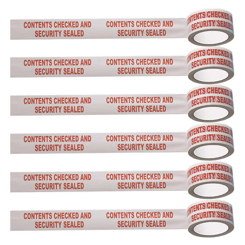 CONTENTS CHECKED AND SECURITY SEALED Printed Polypropylene Adhesive Tape - 6 Rolls, 50mm x 66m