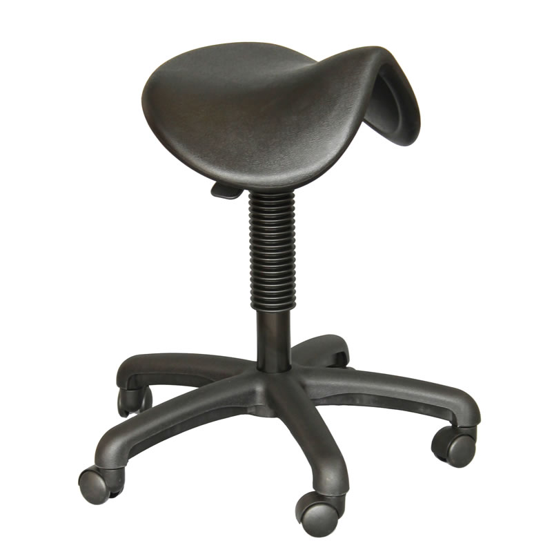 Height Adjustable Salon Saddle Stool, black polyurethane, 530mm to 720mm height