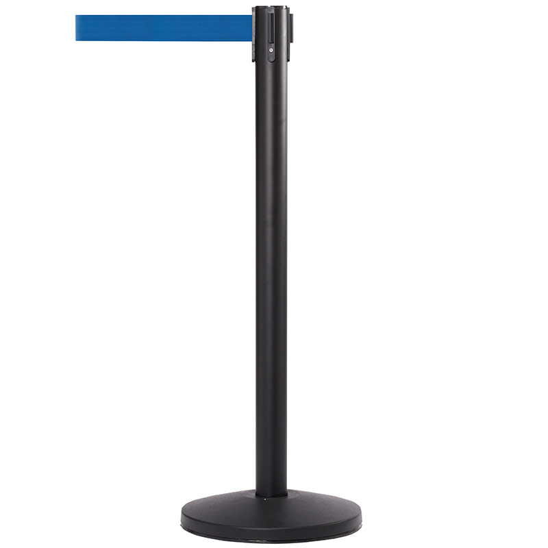 Powder-Coated Black Steel Belt Barrier Post with 3.4m Blue Belt 