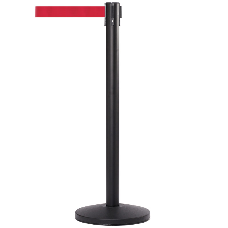 Powder-Coated Black Steel Belt Barrier Post with 3.4m Red Belt 