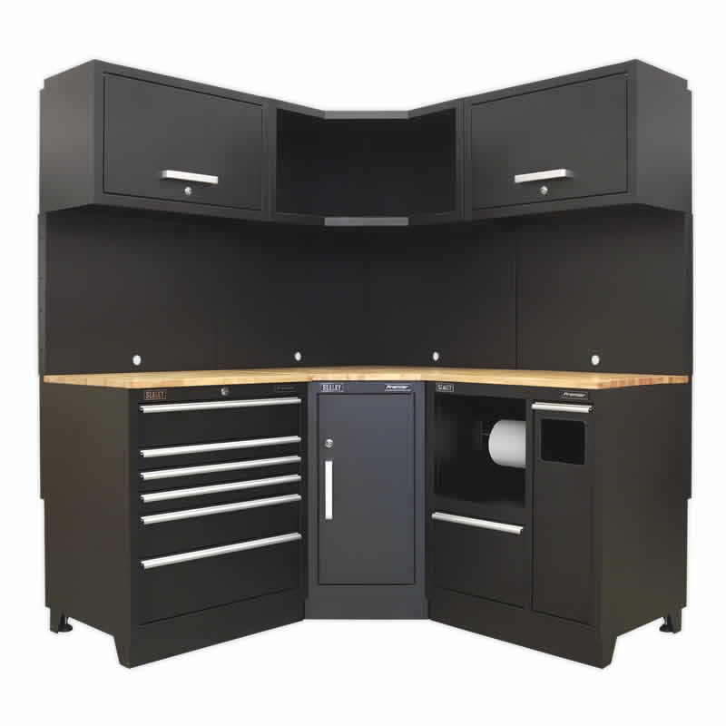 Sealey Premier Pro Modular Garage Storage System - 1.7m corner unit - Oak Wood Worktop 