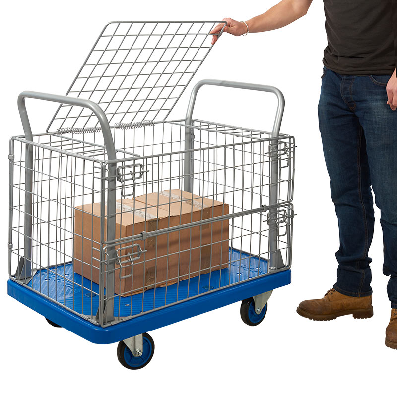 ProPlaz Blue Mesh Security Platform Truck with Hinged Lid & Half-Drop Side - 300kg capacity 