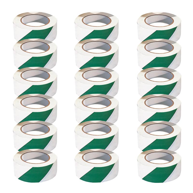 PVC Adhesive Hazard Warning Tape - Pack of 18 Rolls - Green/White