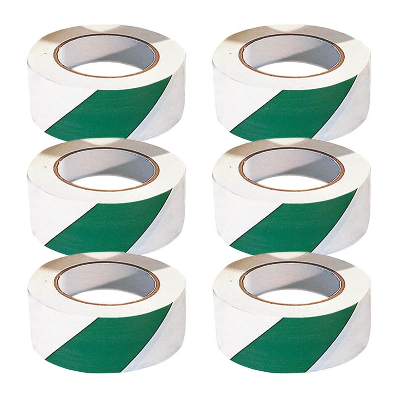PVC Adhesive Hazard Warning Tape -Pack of 6 Rolls - Green/White