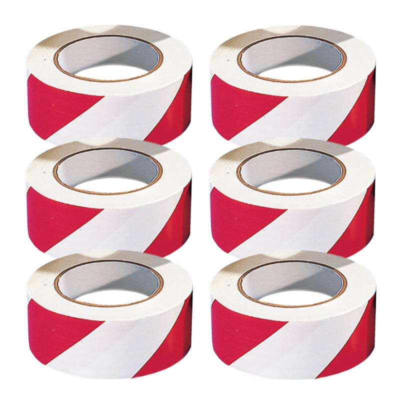 PVC Adhesive Hazard Warning Tape -Pack of 6 Rolls -  Red/White