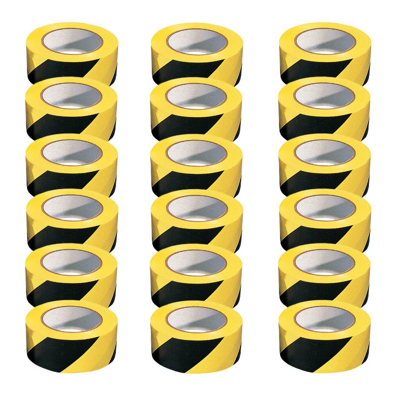 PVC Adhesive Hazard Warning Tape - Pack of 18 Rolls - Black/Yellow