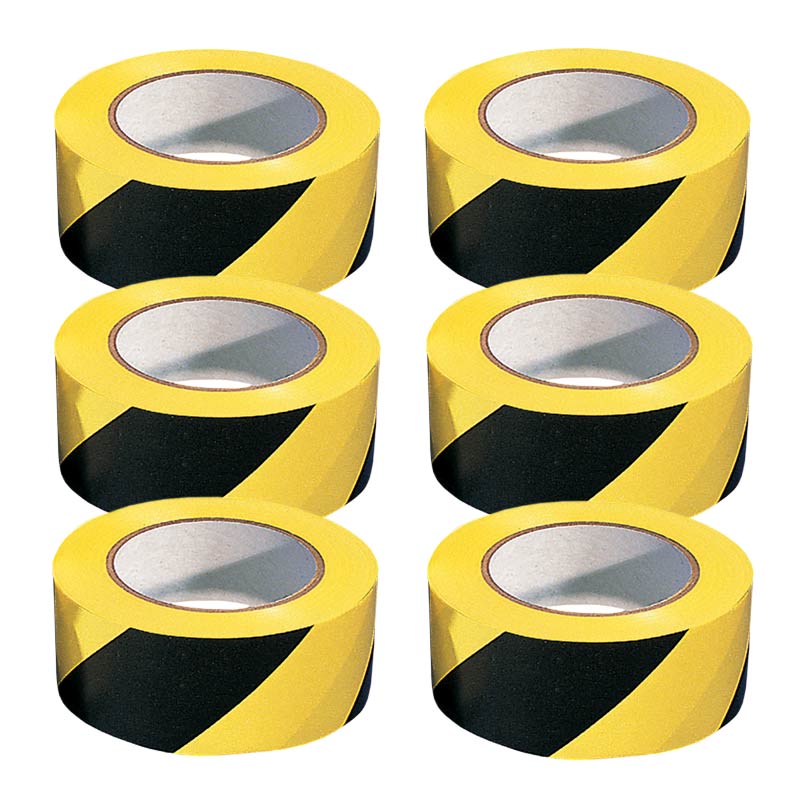 PVC Adhesive Hazard Warning Tape -Pack of 6 Rolls - Black/Yellow