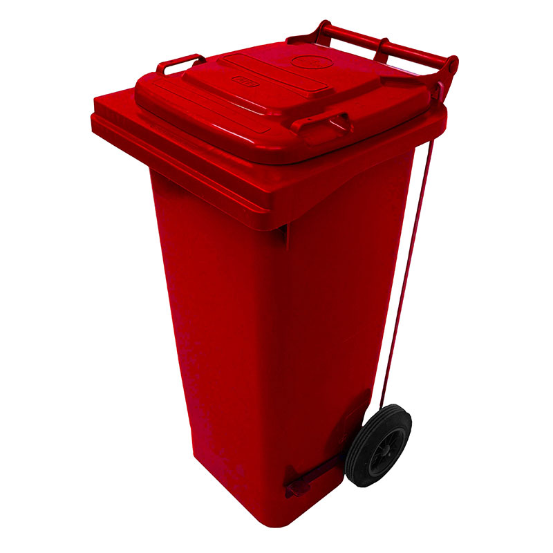 120L Pedal Operated Red Wheelie Bin - conforms to RAL, DIN, AFNOR and draft CEN standards