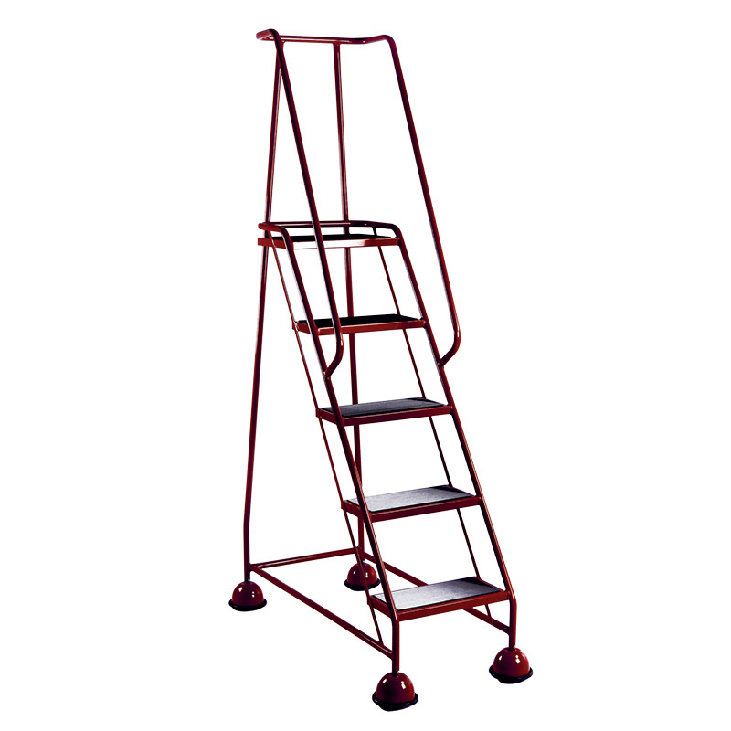 5 Tread Glide-Along Mobile Steps - Red Frame and Full Handrail