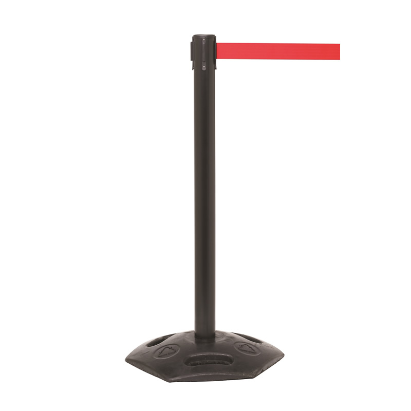 2 x Black Steel Barrier Posts with 4.9m Retractable Red Belt