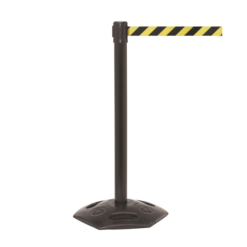 2 x Black Steel Barrier Posts with 4.9m Retractable Black & Yellow Striped Belt
