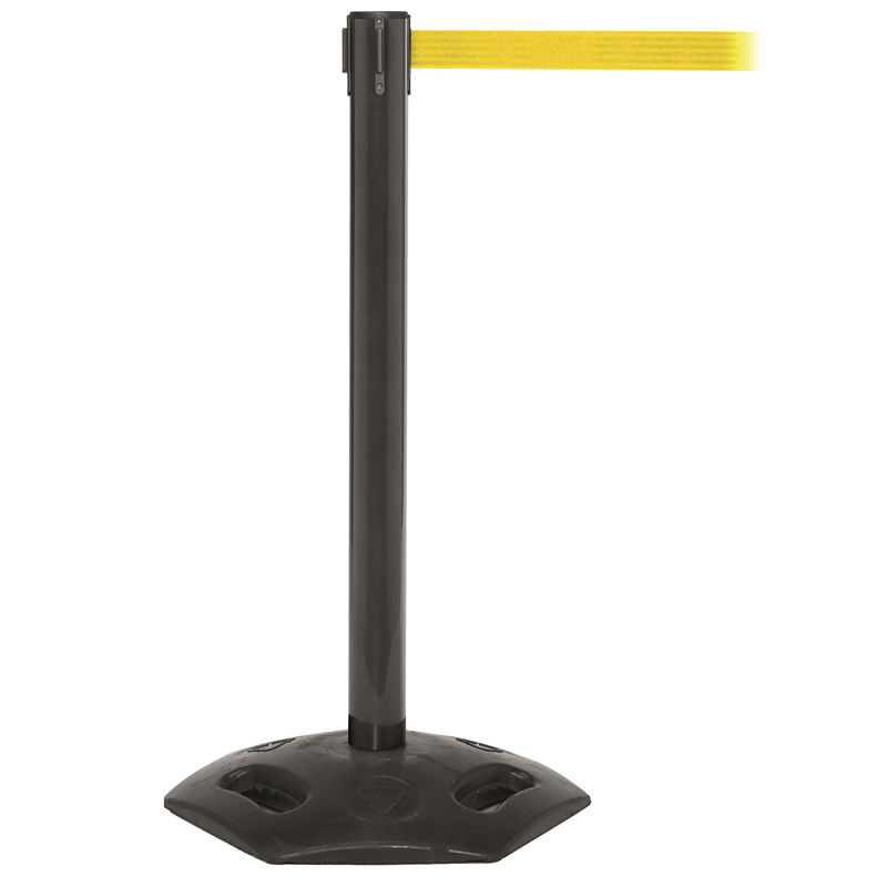 2 x Black Steel Barrier Posts with 4.9m Retractable Yellow Belt