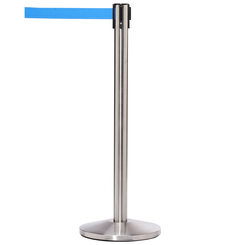 Satin Steel Belt Barrier Post with 3.4m Blue Belt 