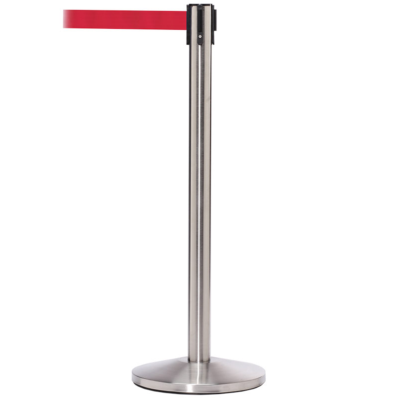 Satin Steel Belt Barrier Post with 3.4m Red Belt 