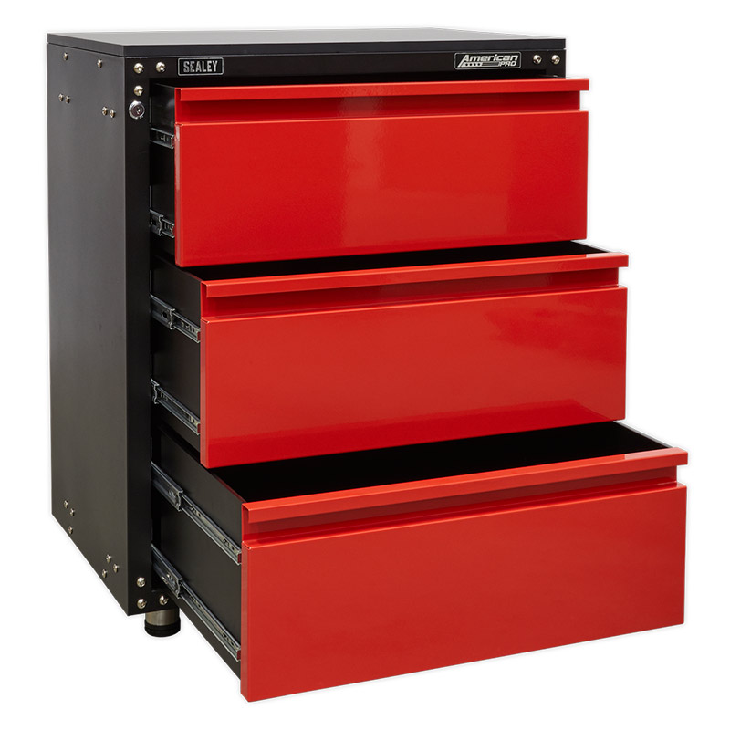 Sealey American Pro Modular 3 Drawer Steel Garage Storage Cabinet with Worktop - 665mm Wide 