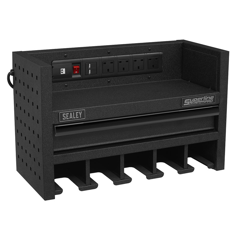 Sealey AP22SRBE Superline Pro Power Tool Storage Rack with drawer and power strip - 560mm wide