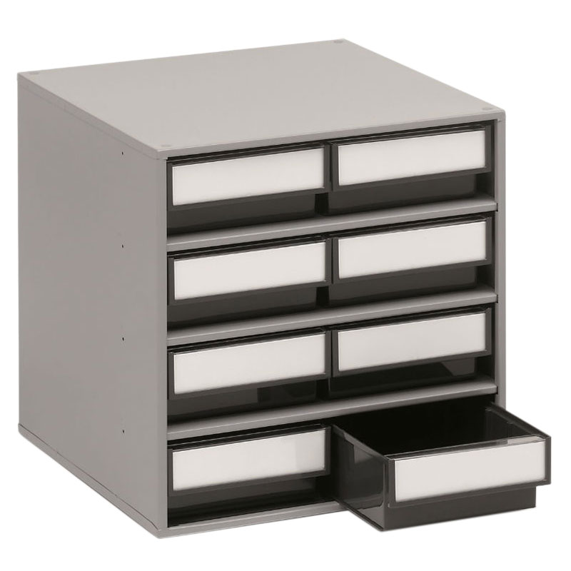 Small Parts Bin Cabinet - 82 x 186 x 400mm with 8 Grey Bins - 82 x 186 x 400mm