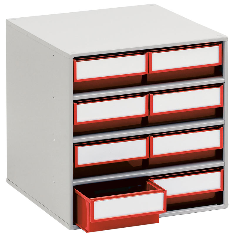 Small Parts Bin Cabinet - 395 x 400 x 400mm with 8 Red Bins - 82 x 186 x 400mm