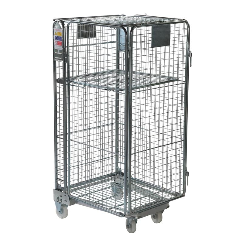 Lockable 4-Sided Fully Enclosed Nestable Roll Container with shelf  - 600kg capacity