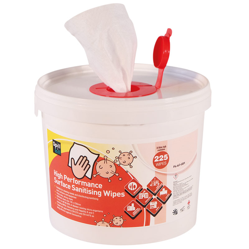 Spill Kill Premium-Grade Surface Sanitising Wipes - 225 Wipes per 3L Tub - Pack of 2
