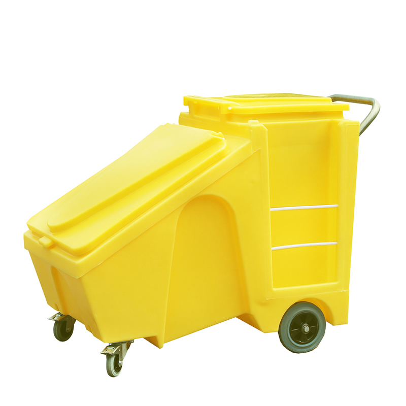 60L Mobile Grit Dispensing Bin - also suitable for spill granules - bag area, front hopper and shovel and broom storage points