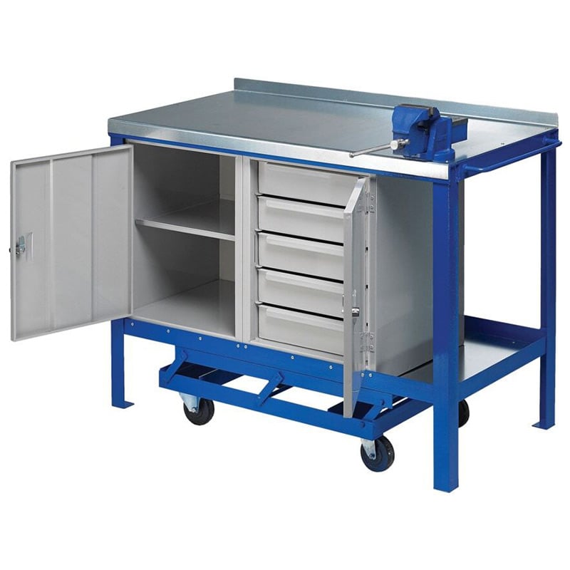 Steel-Topped Mobile workbench wih 5-Drawer Unit (Left Hand), Cupboard (Right Hand) & bottom shelf - 840 x 1200 x 600mm