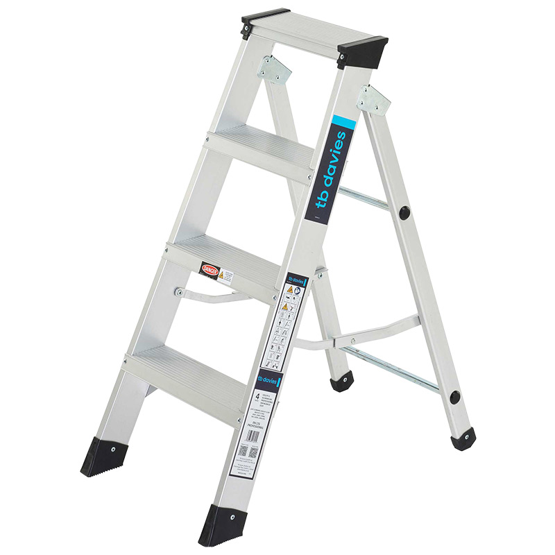 4 Tread EN131 Industrial Aluminium Swingback Steps - 150kg capacity - Integrated tool tray