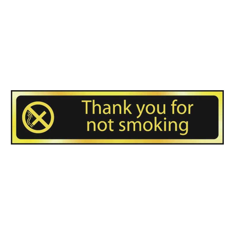 Thank You For Not Smoking Sign - Polished Black with Gold Edge Self-Adhesive Laminate - 200 x 50mm