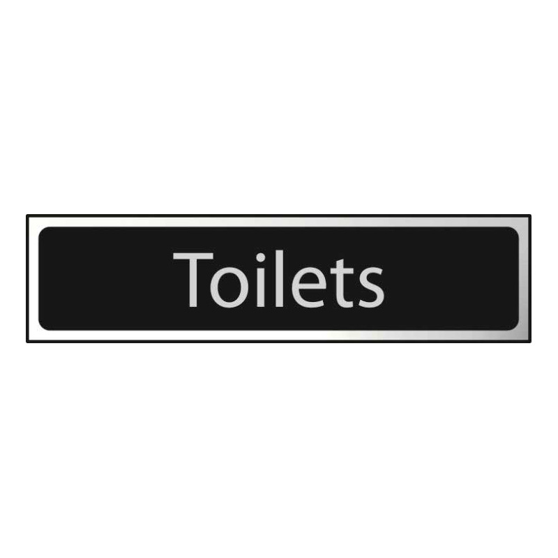 Toilets Sign - Black with Chrome Edging Self-Adhesive Laminate - 200 x 50mm