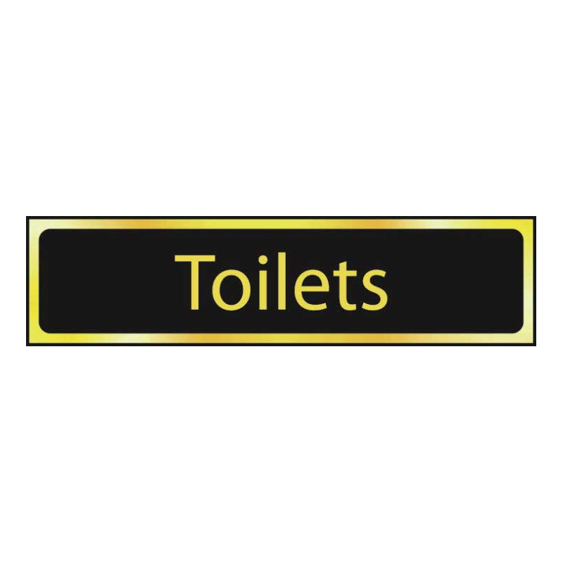 Toilets Sign - Black with Gold Edging Self-Adhesive Laminate - 200 x 50mm