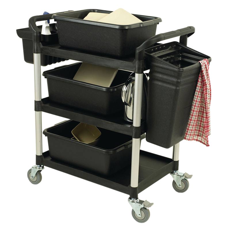 3 Shelf Black Plastic & Aluminium Tray Trolley - 1000 x 480 x 850mm - 250kg Capacity