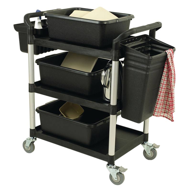 3 Shelf Black Plastic & Aluminium Tray Trolley - 1000 x 480 x 850mm - 250kg