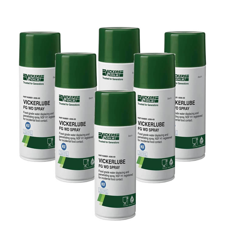 Vickerlube FG WD Silicone Spray  Lubricant - 6 x 400ml - H1 NSF - FDA 21 CFR 178.3570 ISO 9001:2015