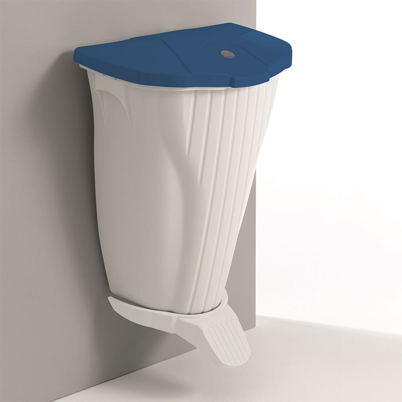 Wall Mounted Pedal Bin, Blue Lid, White Body 