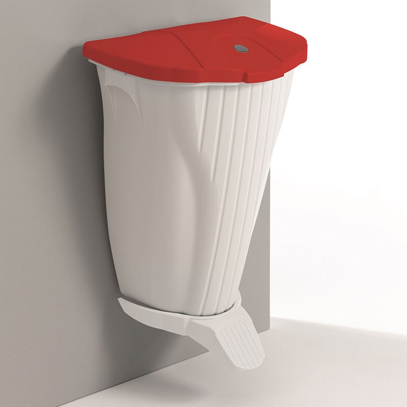 Wall Mounted Pedal Bin, Red lid, White body 