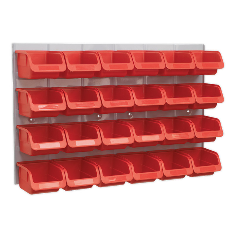 24 Red Small Part Bins & Wall Panel 630H x 380W x 10D