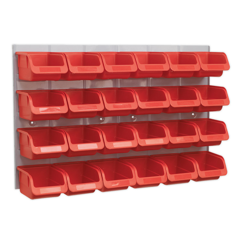 24 Red Small Part Bins & Wall Panel 630H x 380W x 10D