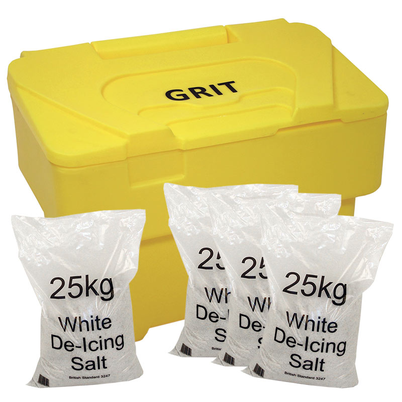 Yellow 115L Grit Bin with 4 x 25kg White Salt
