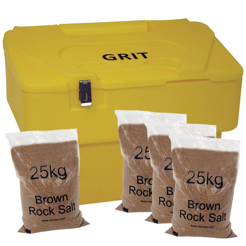 Lockable Yellow 115L Grit Bin with 4 x 25kg Brown Salt