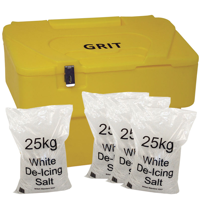 Lockable Yellow 115L Grit Bin with 4 x 25kg White Salt